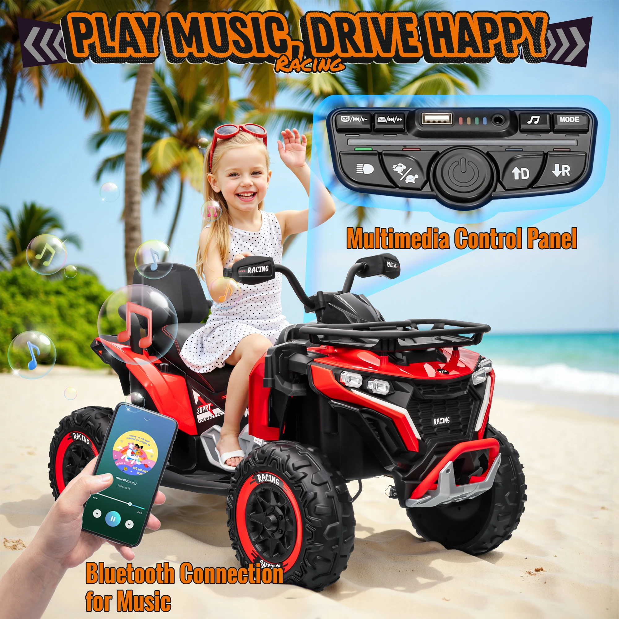 24-V-Fahrt auf dem Auto, Kinder-ATV XL-Vierrad mit EVA-Reifen, 19-Zoll-Leder-2-Sitzer, 800-W-Motoren, Fernbedienung, Knieschützer, Blume,