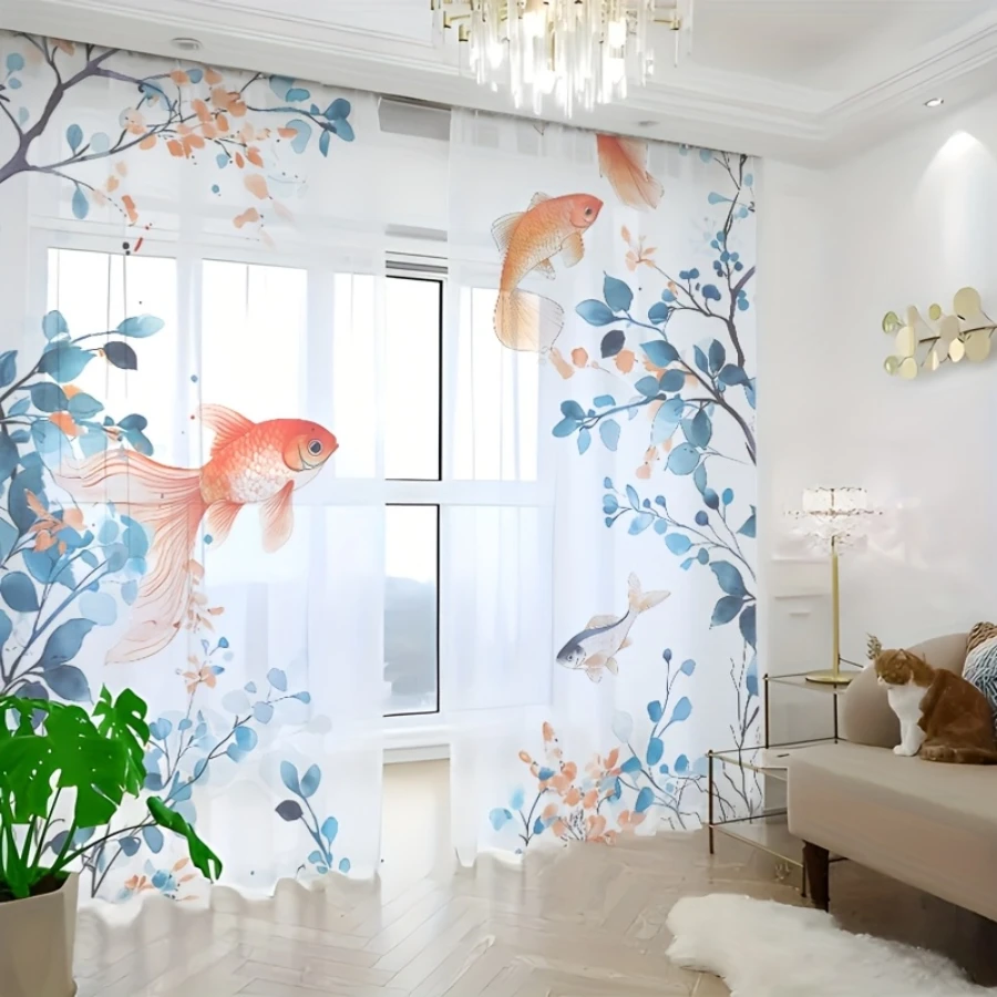 2PCS Digital Printed Sheer Curtain, Green Branch Koi Fish, Oriental Watercolor Zen Garden for Living Room Bedroom Home Decor