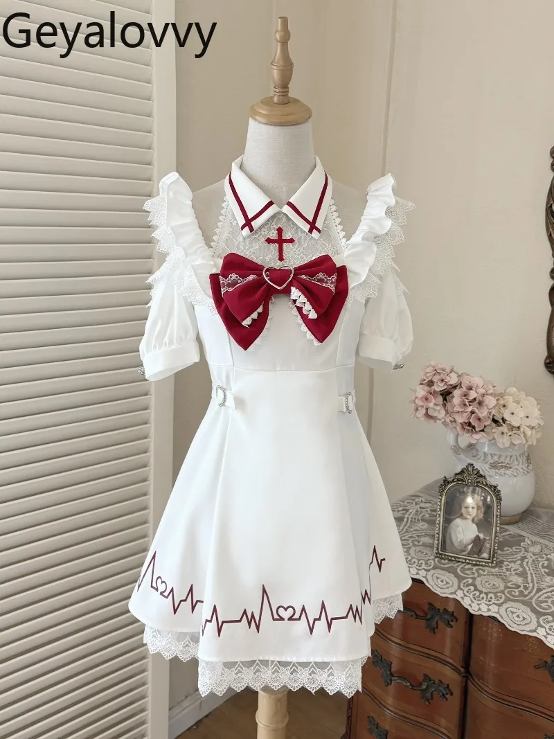 

Японское оригинальное кружевное платье Mass-Produced с короткими рукавами и открытыми плечами, милые милые облегающие универсальные платья с высокой талией