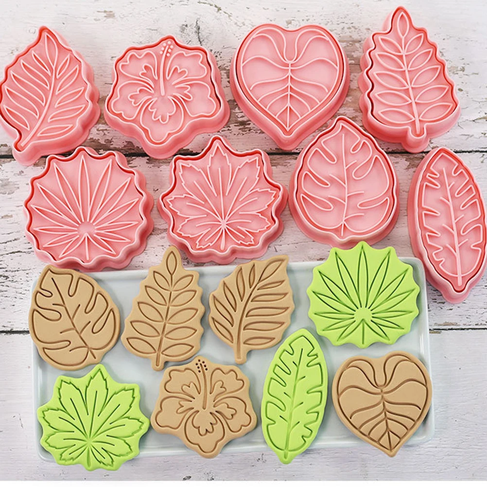 Tropical Leaves Cookie Cutters Set 8pcs Biscuit Cutter DIY Cookie Stamps Mold Plastic 3D Pressable Kitchen Baking Supplies