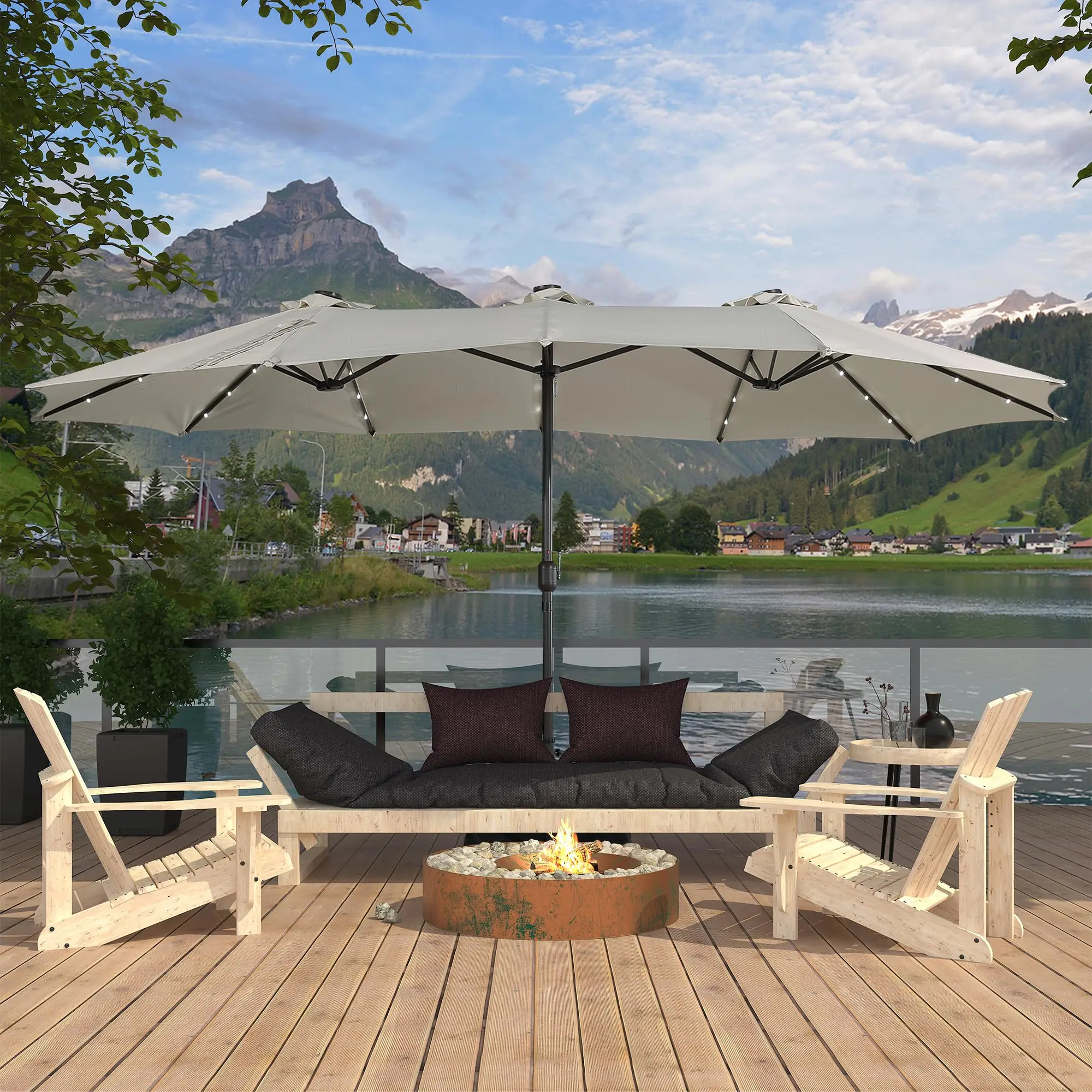 15ft Patio Umbrella with Base Included and LED lights, Outdoor Market Extra Large Umbrella, Outdoor Patio Table