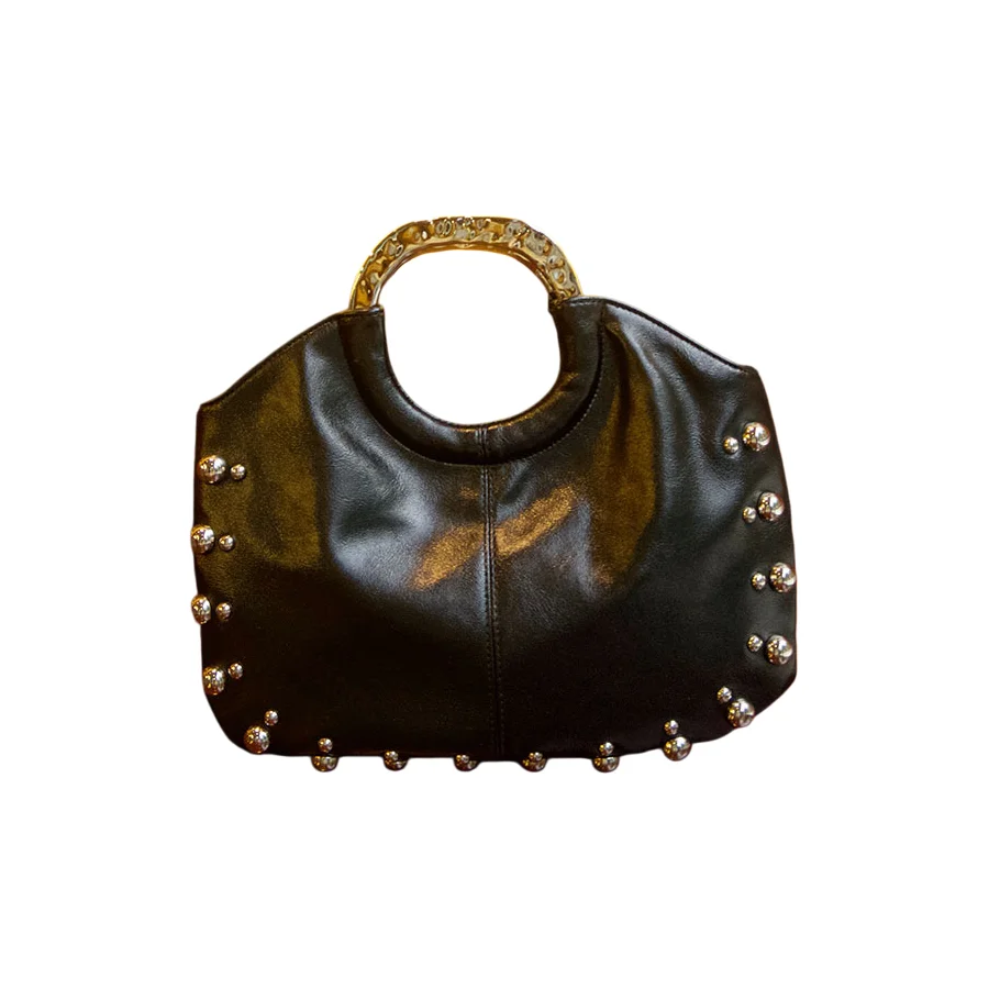 Vintage Metal Bead Rivets Decoration Women's Bag Black Soft PU Leather Handbag Fashion Urban Commuting Leisure Tote Bag