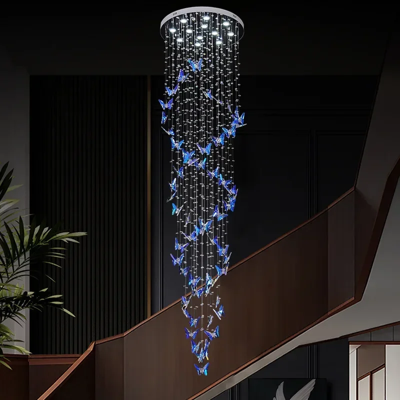 Postmodern Light Luxury Villa Duplex Hollow Rotating Chandelier Exhibition Hall Lobby Crystal Butterfly Long Pendant Light