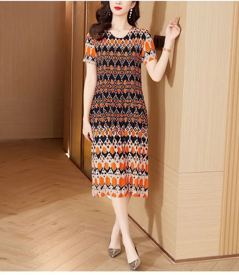 Pleated striped contrasting print dress, spring oversized dress, high-end feel  long dress  vestidos de verano mujer 2023