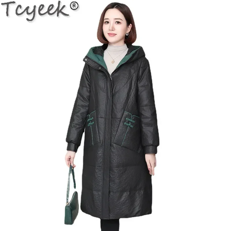 Tcyeek Echt Leer Donsjack Vrouwen Middellange Witte Eendendons Jassen Winterjassen 100% Schapenvacht Jas voor Vrouw kleding