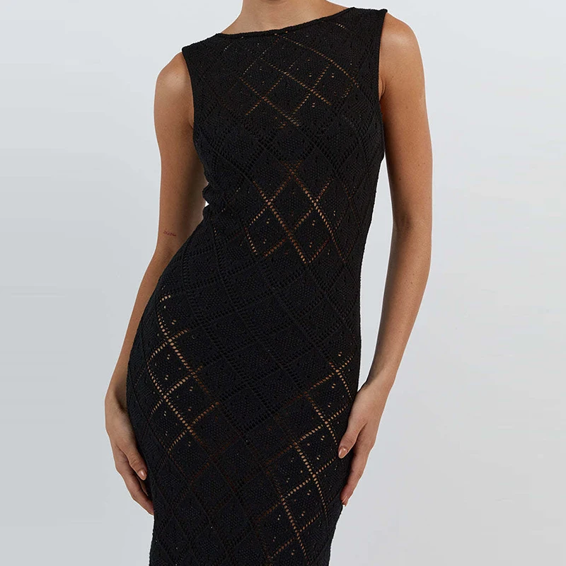 New Arrival Women Knitting Round Collar Beachwear Cover Up Summer Vacation Sunscreen Long Dress Ladies Hollow Out Slim Dress