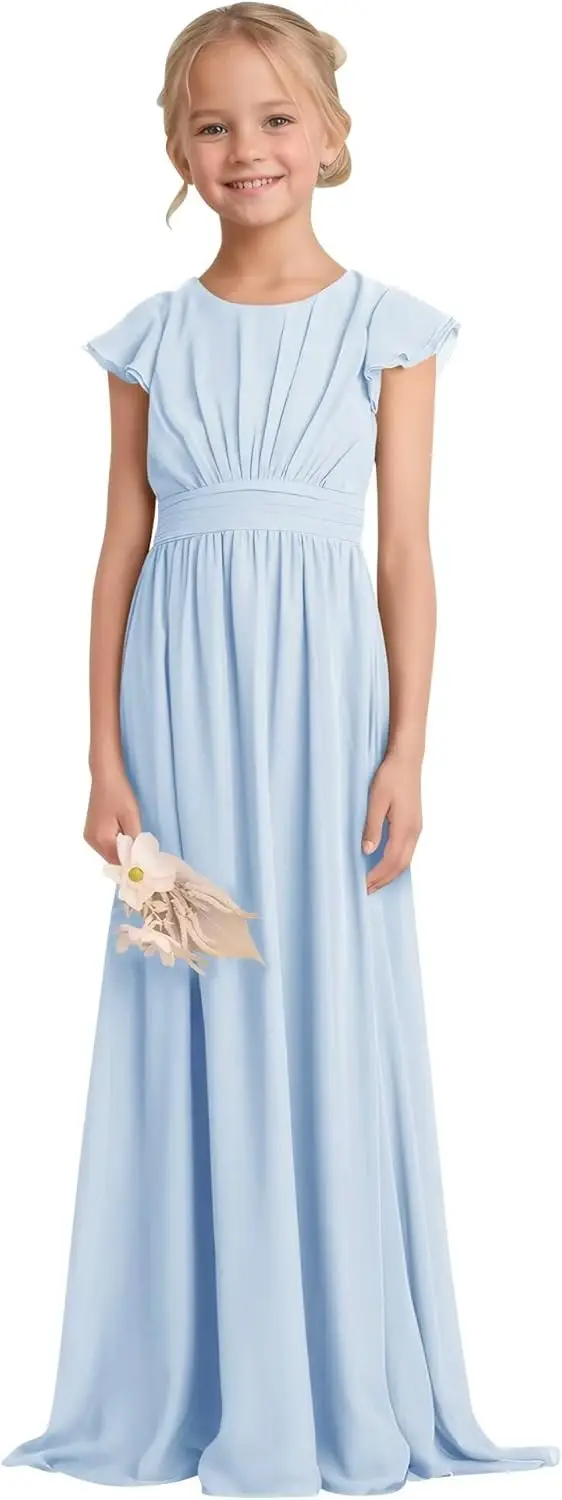 A-Linie Chiffon Junior Brautjungfernkleid Blumenmädchenkleid für Hochzeit Teenager Rüschenärmel Abschlussball Party Kleider Mädchenkleid
