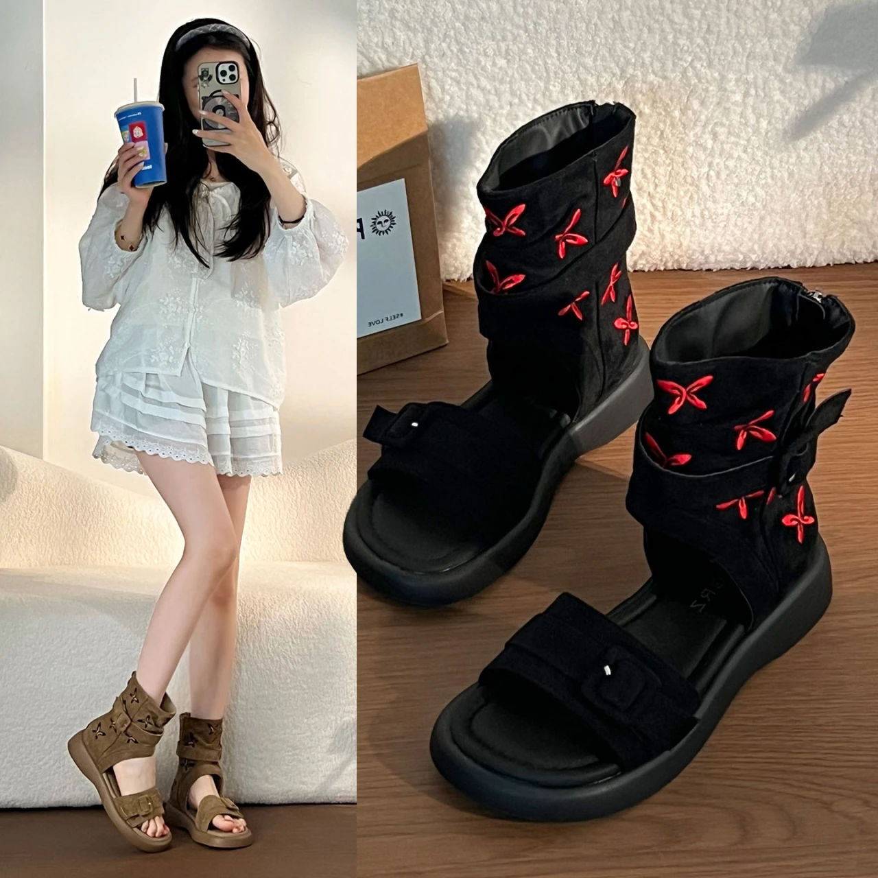 

Women's Butterfly Embroidery Gladiator Sandals Retro Cutout High Top Boots Non Slip Rubber Sole Summer Daily Casual Fashion Shoe