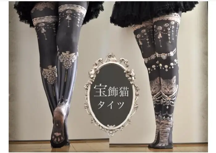 New Women Tights With Cats Harajuku Tattoo Cat Pantyhose Female Fancy Party Pants For Women pantyhoses Lolita