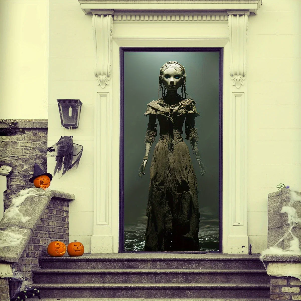 A 2D Halloween horror skull door cover - 180.34x88.9 cm polyester door panel, a terrifying background for party decoration