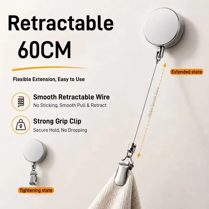 1PC Automatic Retractable Towel Rack No-Drill Self-Adhesive Wall Mounted Hand Towel Holder with Stainless Steel Cable Clamp