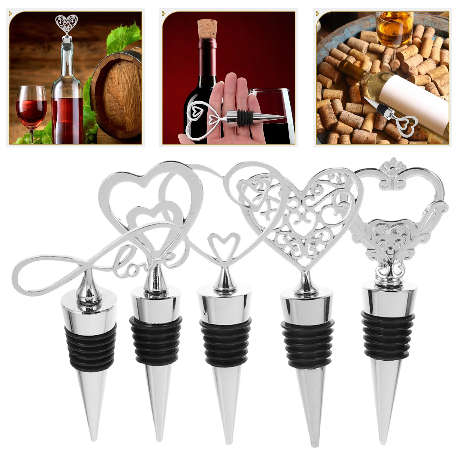 

5pcs Heart Shaped Stoppers Silver Reusable Bottle Toppers For Red Beverage Preservation Decorative Beverage Cork