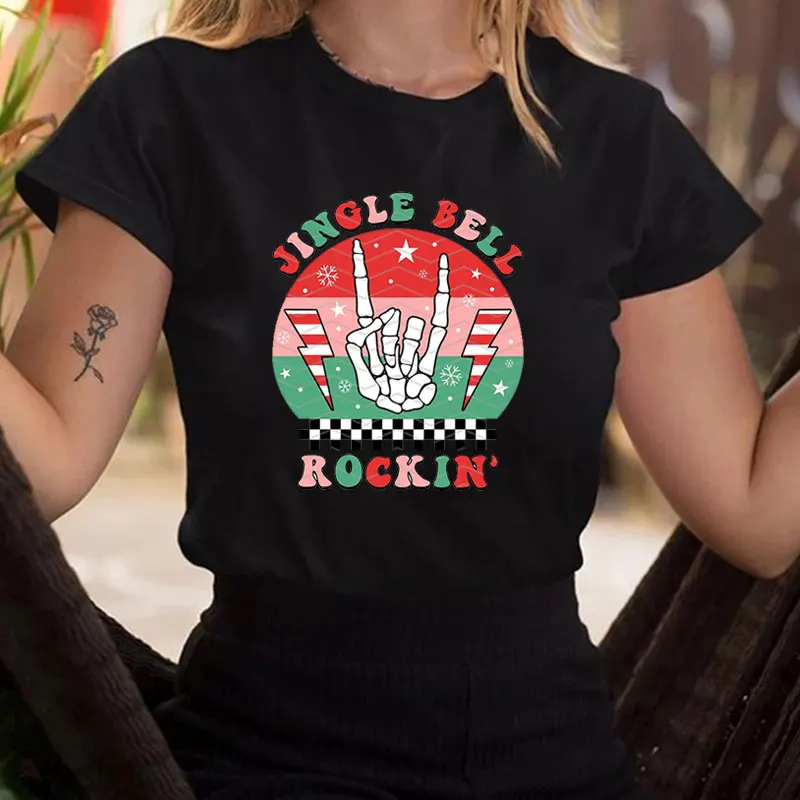 Jingle Bell Rockin Tshirt Skeleton Rock Hand Tee Vintage Print Women's Tees Summer Cozy Casual Top Unisex Christmas Short Sleeve