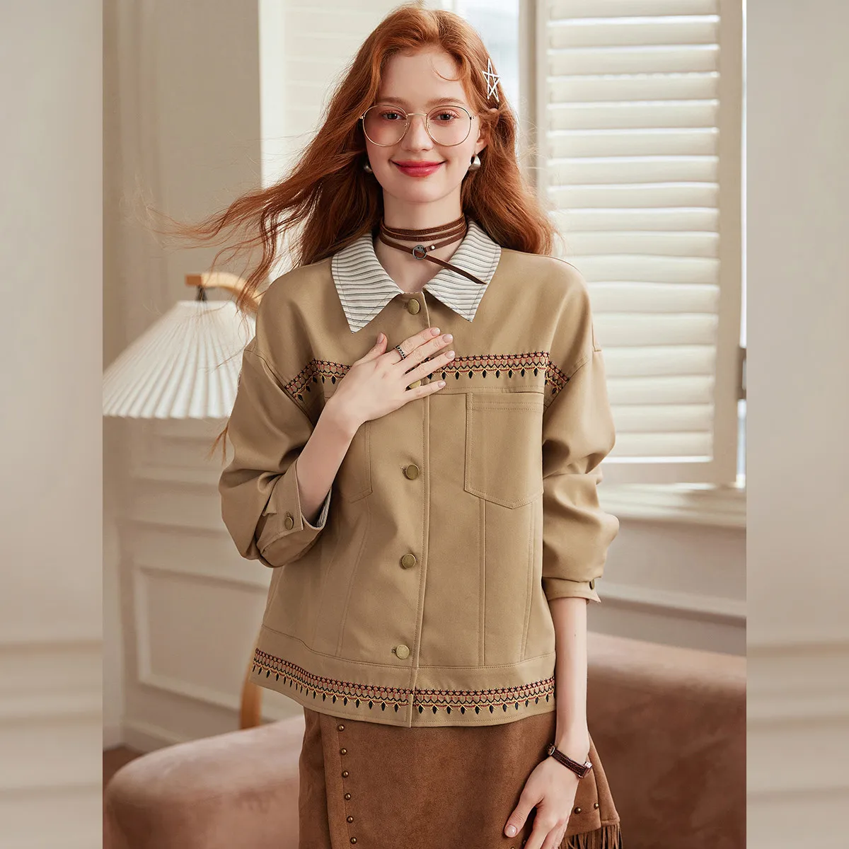 LOUIS YAO British-Style Color Block Women's Jacket  2025 Autumn Top Loose-Fit Cardigan Turn-down Collar Embroidered Jacket