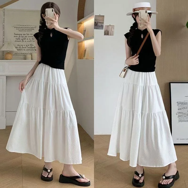 

Летняя женская юбка А-силуэта с завышенной талией, расклешенная, из полиэстера, в корейском стиле, средней длины, однотонная, коллекция 2026 года