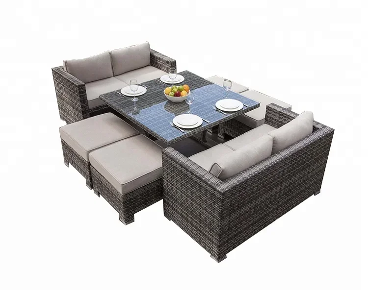 American Style Modern Garden Wicker Cube Dining Chairs and Table with Glass Cover Rattan Outdoor Furniture Set