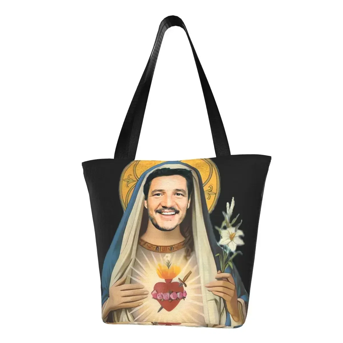 

Custom Pedro Pascal Sacred Heart Canvas Shopping Bags Women Washable Groceries Tote Shopper Bags