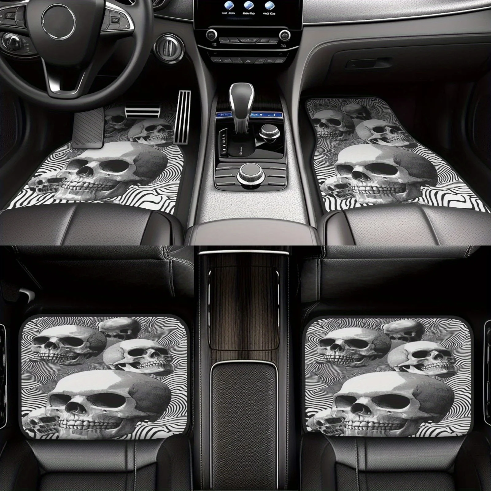 4 Pieces; Skull Printed Car Mats - Universal '17.3X27" X2pcs / 13.4X17.3" X2pcs Suitable For All Vehicle Models Sedan And SUV Pr