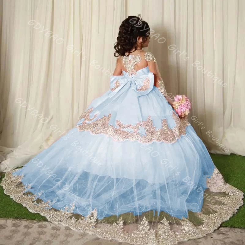 여자아이 공주 드레스, 트레인 레이스 아플리케 꽃무늬 드레스, 긴팔 티어드 튤 맞춤 웨딩 파티 볼 가운