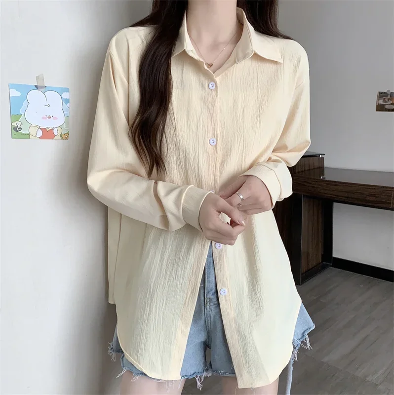 Women Button Down Shirt Long Sleeve Collared Plain Crape Shirt Ladies Blouse Spring Summer Casual Outfit