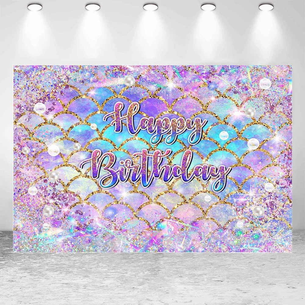 Mocsicka Mermaid Scales Birthday Backdrop Glitter Purple Diamond Under The Sea Girl Birthday Party Decor Photo Background Custom