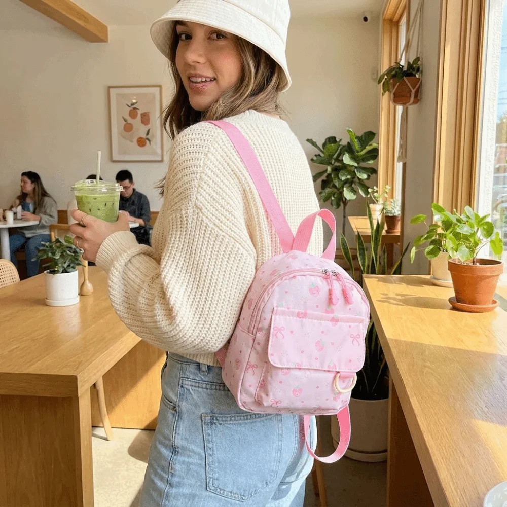 Kawaii Lightweight Mini Backpack Nylon Polyester Bowknot Printed Bag Strawberry Simple Daypack Outdoor