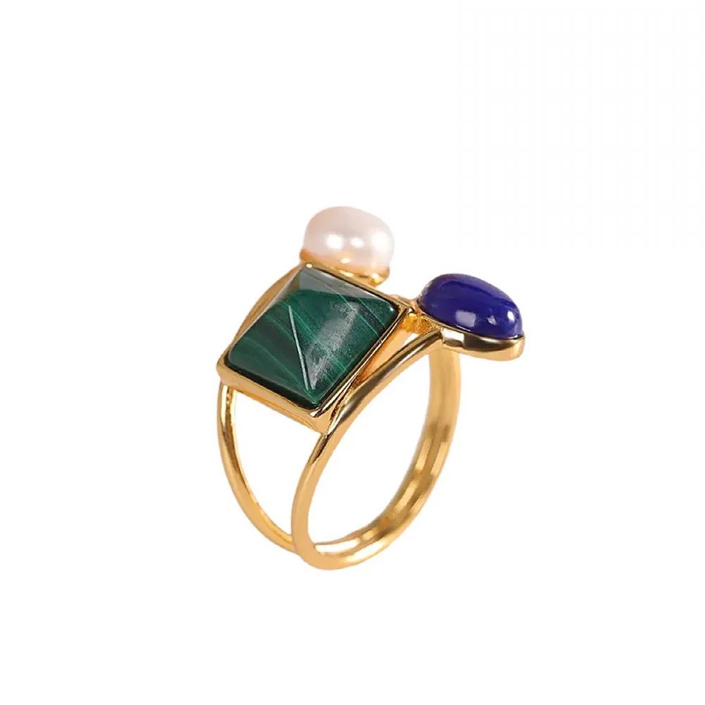BOCAI NEW S925 Sterling Silver Simple And Fashionable Gold-plated Inlaid With Turquoise Lapis Lazuli Ring Women's Gift