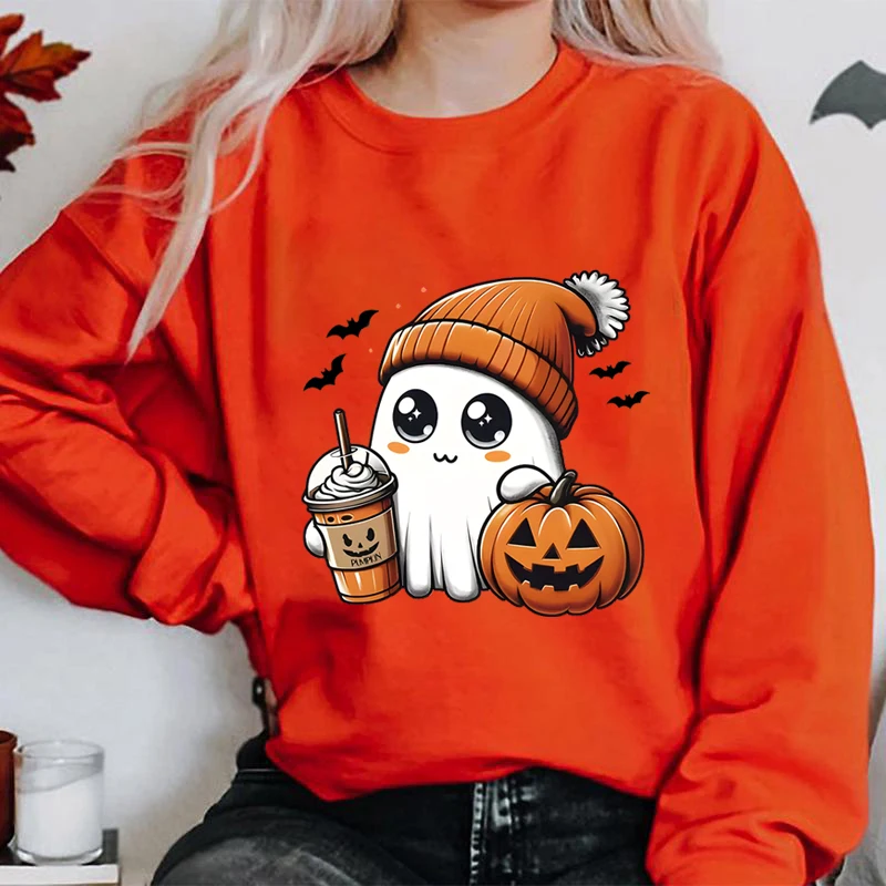 Women's Plus Cute Ghost Graphic Sweatshirts with Pumpkin and Coffee, Casual Crew Neck, Long Sleeves, Halloween Pullovers