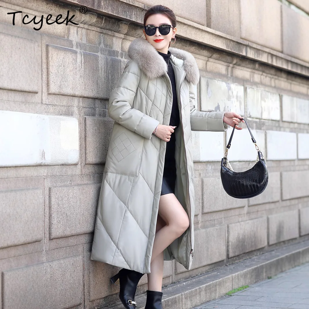 Tcyeek 리얼 양가죽 화이트 덕다운 가을 겨울 고급 후드 롱 여성용 천연 가죽 재킷