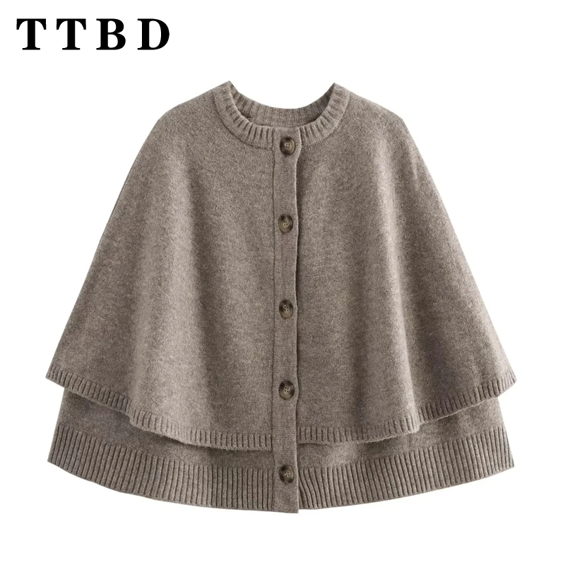 TTBD 2024 Autumn New Woman's Fashion Knitted Cloaks Cape Vintage Female O-Collar Short Sleeve Ponchos Windproof Short Coat Top