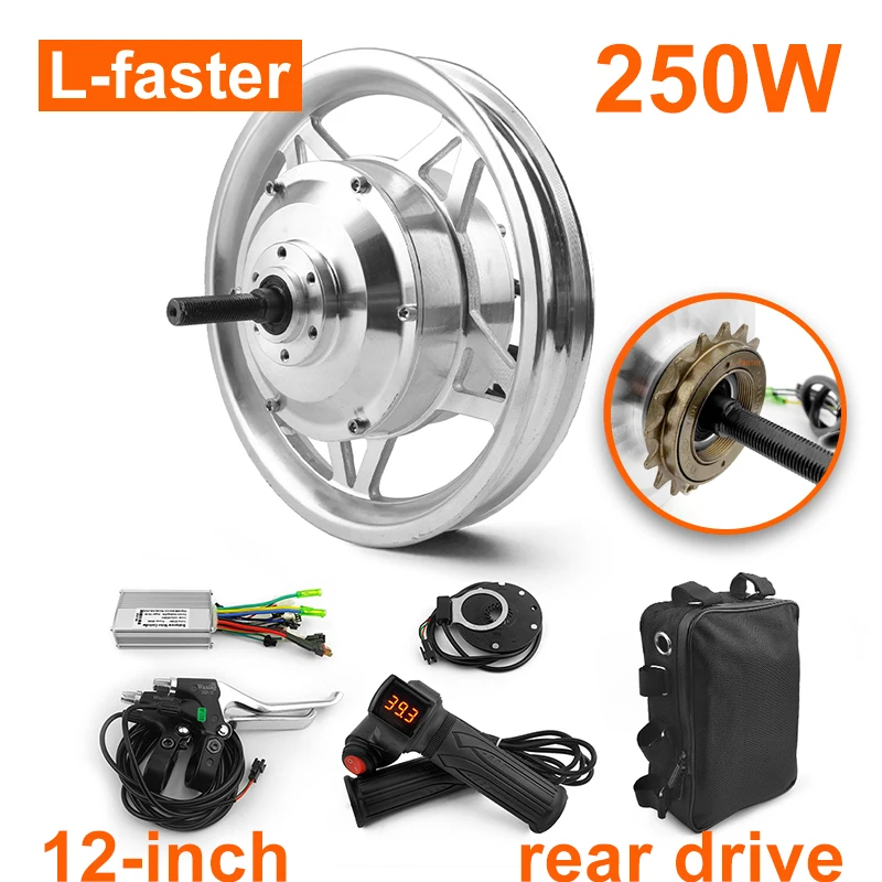 Electric Mini Bike Rear Drive Wheels, Brushless Hub Motor Kit, Throttle Lcd Display, DIY, 250W, 12 in