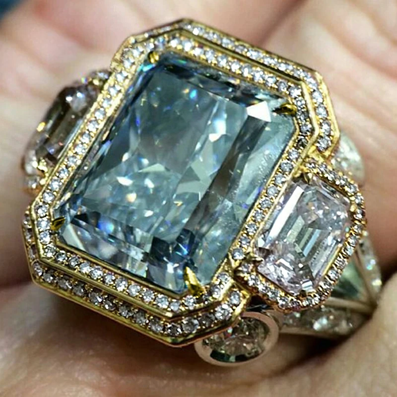 Huitan Wunderschöne rechteckige blaue Zirkonia-Ringe für Damen, zweifarbig, für Hochzeit, Jahrestag, Party, Hyperbole, trendiger Damenschmuck