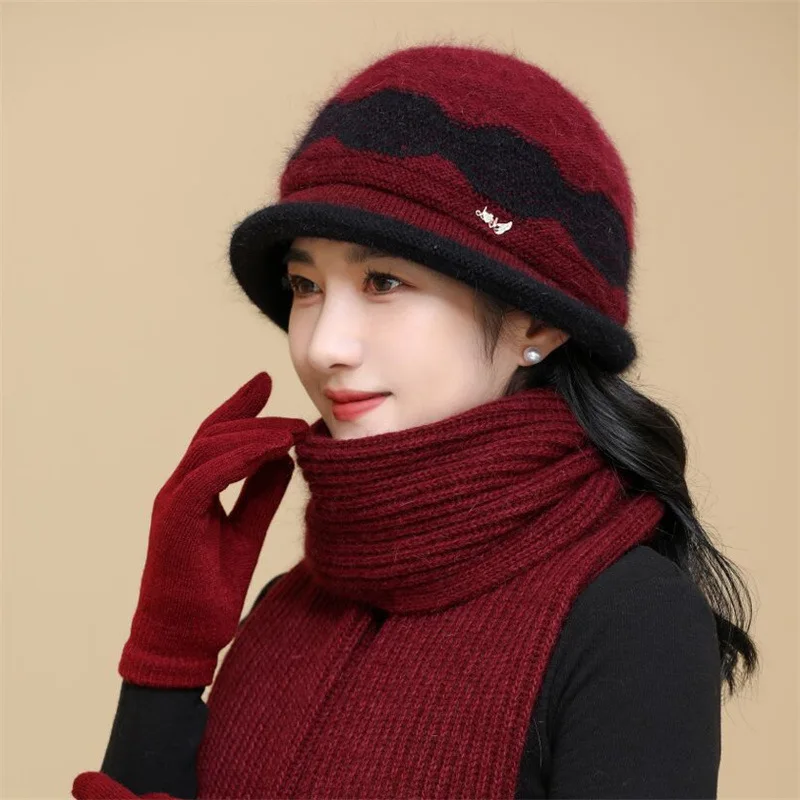 Women's Winter Hat Long Scarf Gloves 3 Pieces Sets Keep Warm Knitted Beanies Scarf Outdoor Fashion Mother's Gift