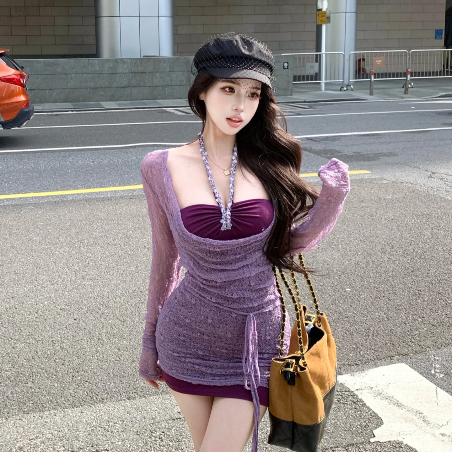 엘리 퍼플 테르 네 랩 드 여성용 패션 출퇴근 슬레 하이웨이스트 롱 스커트 바디콘 스커트 H라인