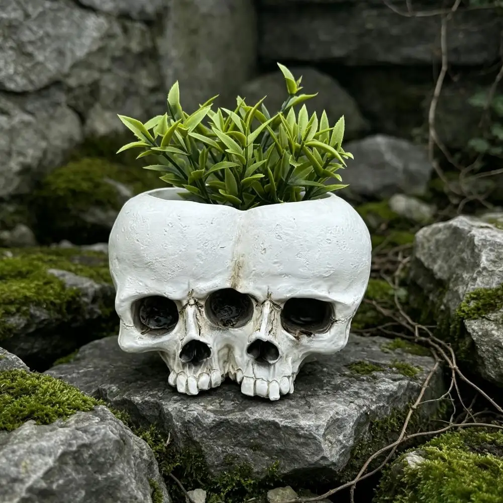 Skull Flower Pot Succulents Planter Double Skull Flowerpot Planter Realistic Resin Skull Pot Green Plant Holder for Indoor