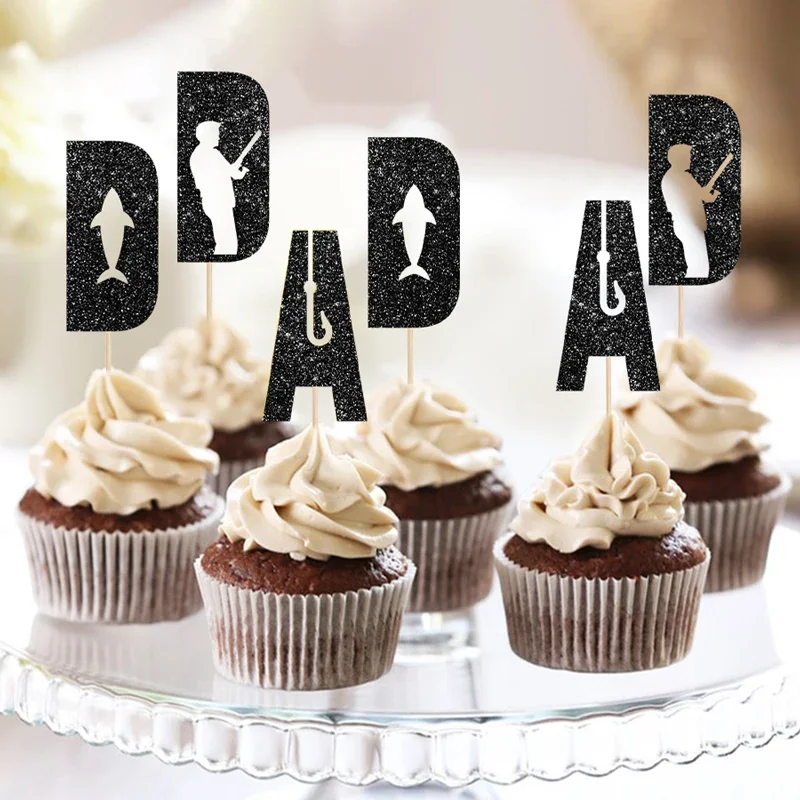 NUBECOM 24Pcs Fishing Theme Cake Toppers Dad Cupcake Picks for Fisherman Birthday Party Outdoor Dad's Cake Decorating Supplies