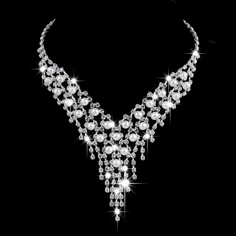 Luxury Long Tassels Jewelry Pearl Necklace Earing Set Crystal Zircon Wedding Bridal Jewelry Sets For Women Bijoux Mariage Zestaw