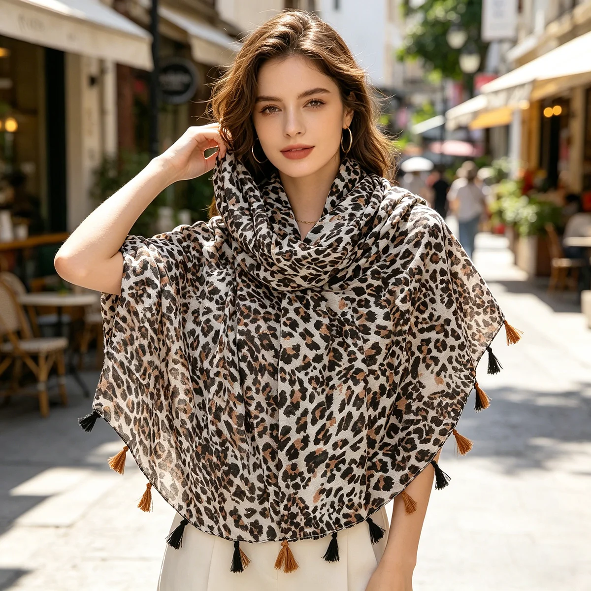 Women's Leopard Print Tassel Scarf, Classic Animal Pattern Long Shawl 180x88cm Casual Neck Wrap