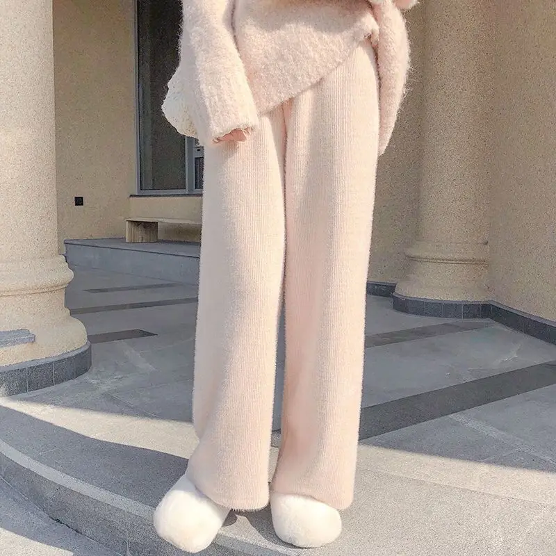 

Mitation Mink Fleece Elastic Waist Simple Wide Leg Pants 2023 Autumn Winter Fashion Women Pants Casual Loose Thicken Warm Pants
