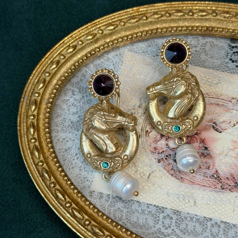 Vintage Purple Crystal Horse Head Drop Earrings Pearl Gold Color Luxury Brand High Quality Art Deco Jewelry Gift Trending 2026