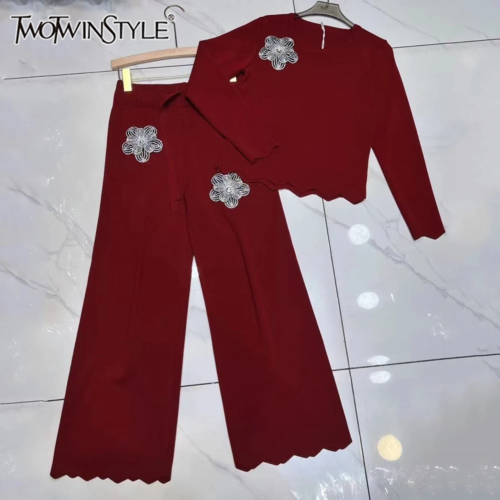 

TWOTWINSTYLE Casual Slim Solid Two Piece Sets For Women Round Neck Long Sleeve Top High Waist Pants Chic Set Female KSE548656