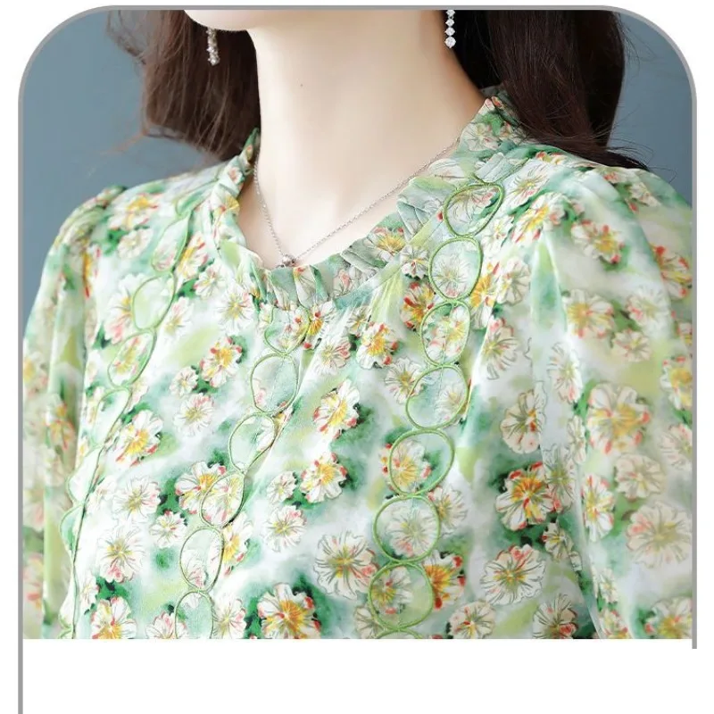 Camiseta de manga corta con cuello redondo para mujer, jersey de gasa con estampado de flores, camiseta colorida que combina con todo, Tops de moda de verano