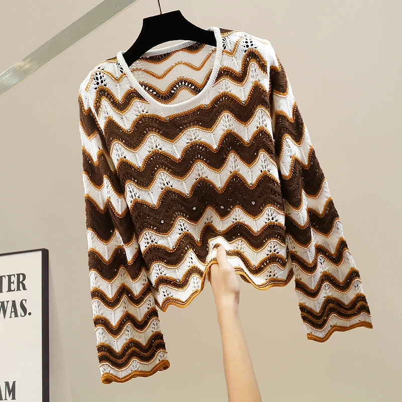 

Heavyweight Handmade Beaded Diamond Hollow Knitted Long Sve Faion Wave Loose Top Trendy Commute Sle f High round Ne