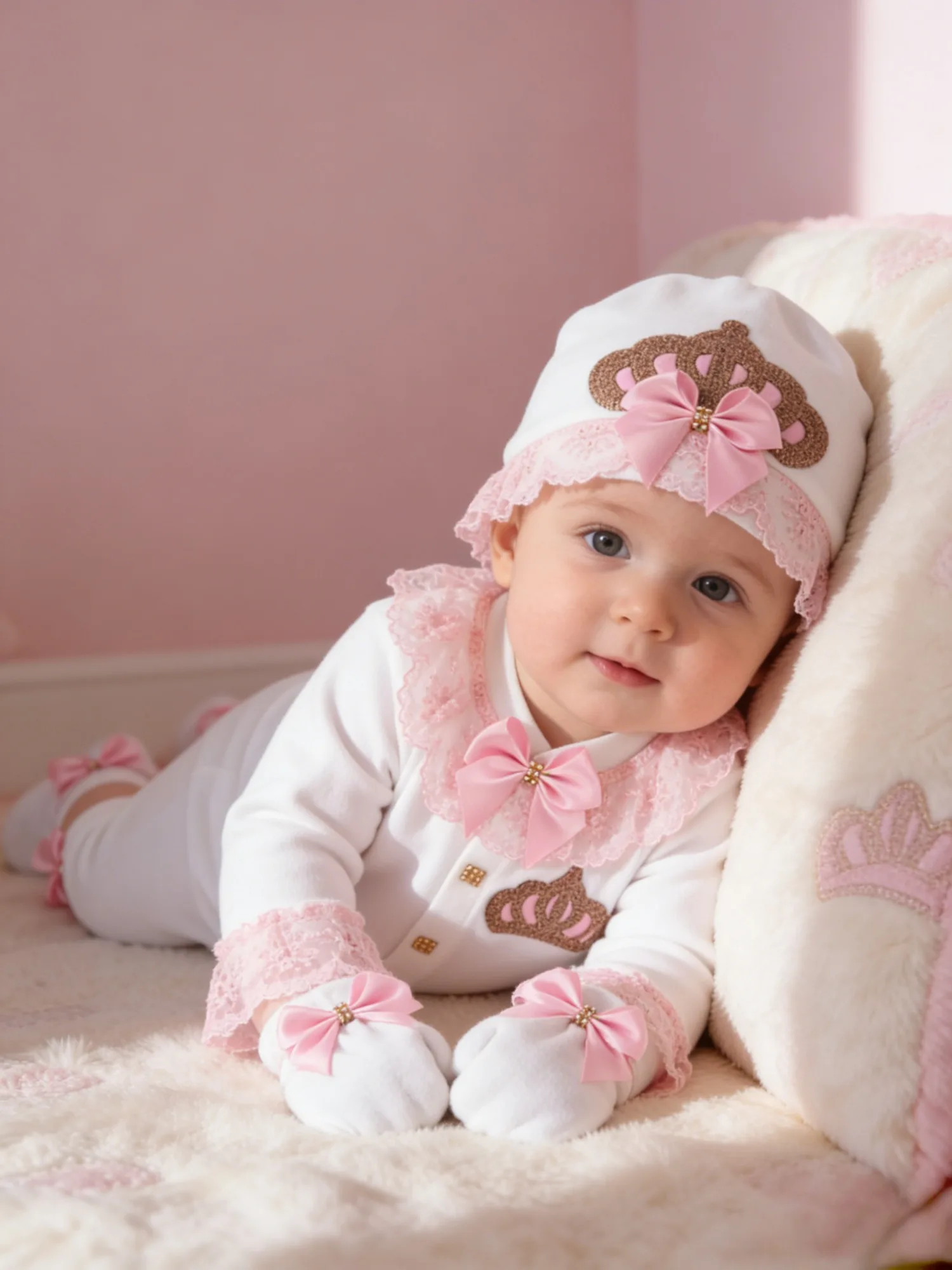 Baby Girl Pink Crown & Bow Outfit - Rhinestone Decor Full Set - Ideal for Baby Shower Gift, Baptism, Daily Wear