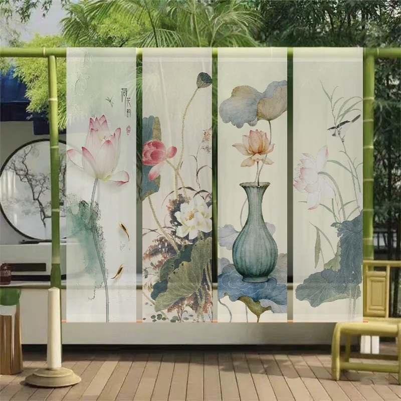 Zen lotus Wall Decor Semi-transparent Tulle gauze curtain for outdoor courtyard tea ceremony Home