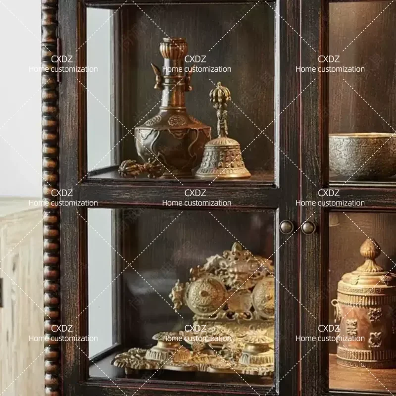 French retro glass wine  medieval neoclassical black decorative  double door display cabinet  dining