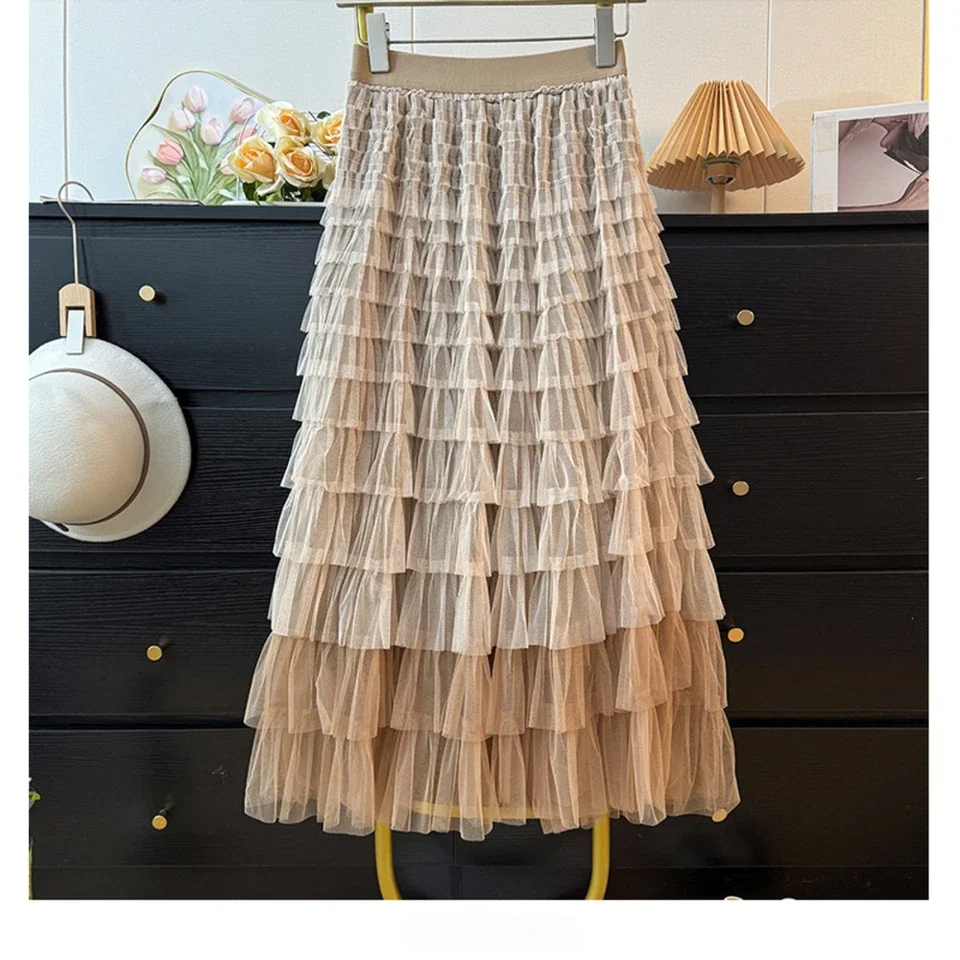 New In 2026 Spring Summer Women  French Fairy Style Multi-layer Color-blocking Mesh High Waist A-line Cake Skirt Sweet Elegant