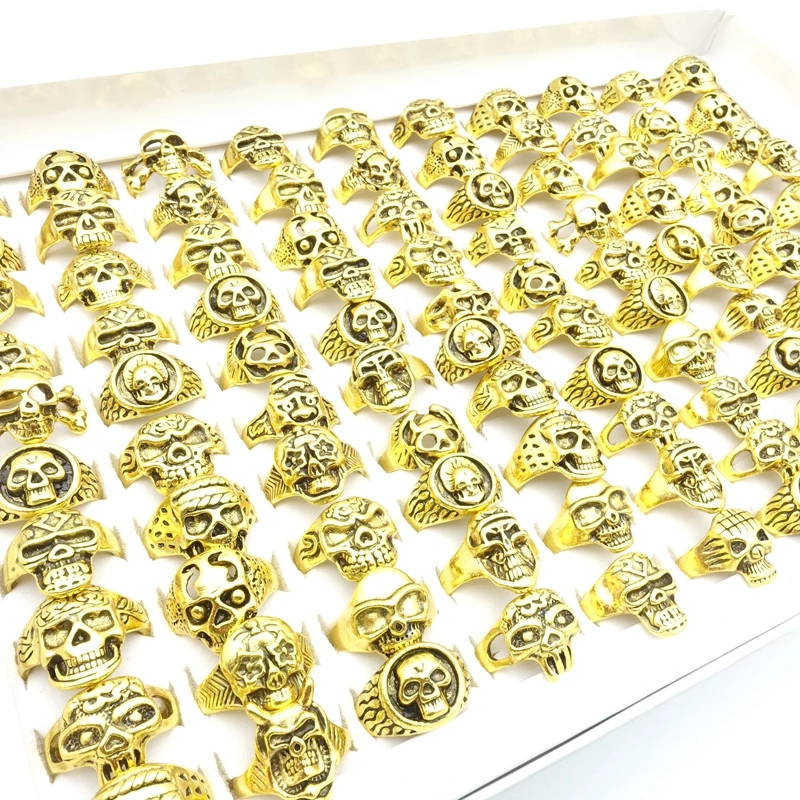 

50PCs Punk Skull Rings For Men and Women Gold Silver Plated Mix Styles Fashion Jewelry Wholesale