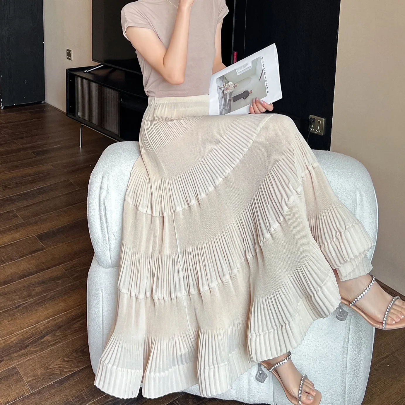 High Waist Skirts For Women Spring Summer New Solid Colour Elegant Ruffles A-Line Stretch Miyake Pleated Skirts Mid-Calf Length