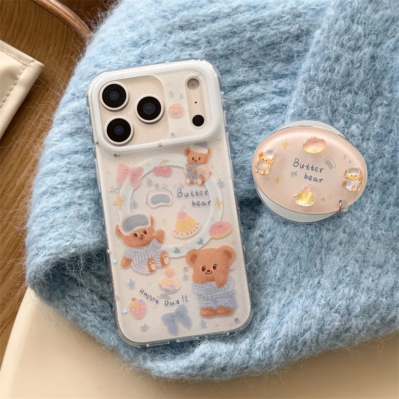 Kawaii Cartoon Bear Magnetic Phone Case For iPhone 17 Pro 16 15 14 Pro Max Cover with Magsafe Stand Holder Cute Cases 17Pro Capa